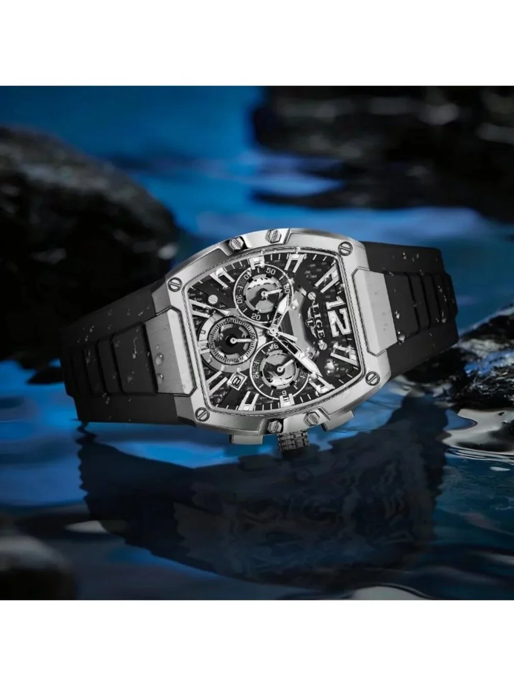 Men's Black and Silver Square Chronograph Stainless Steel Quartz Wrist Watch